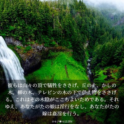 Picture 03 - ホセア書 4:13 JPN - 彼らは山々の頂で犠牲をささげ、丘 - Bible Verse Picture