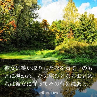 Picture 03 - 詩篇 45:14 JPN - 彼女は縫い取りした衣を着て王のも - Bible Verse Picture