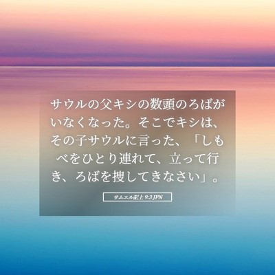 Picture 05 - サムエル記上 9:3 JPN - サウルの父キシの数頭のろばがいな - Bible Verse Picture