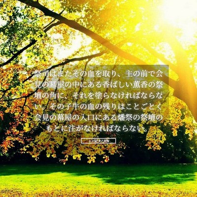 Picture 05 - レビ記 4:7 JPN - 祭司はまたその血を取り、主の前で - Bible Verse Picture