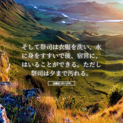 Picture 05 - 民数記 19:7 JPN - そして祭司は衣服を洗い、水に身を - Bible Verse Picture