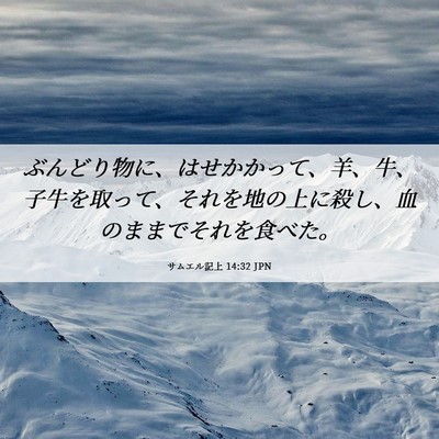 Picture 06 - サムエル記上 14:32 JPN - ぶんどり物に、はせかかって、羊、 - Bible Verse Picture