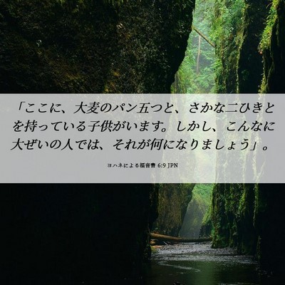 Picture 06 - ヨハネによる福音書 6:9 JPN - 「ここに、大麦のパン五つと、さか - Bible Verse Picture